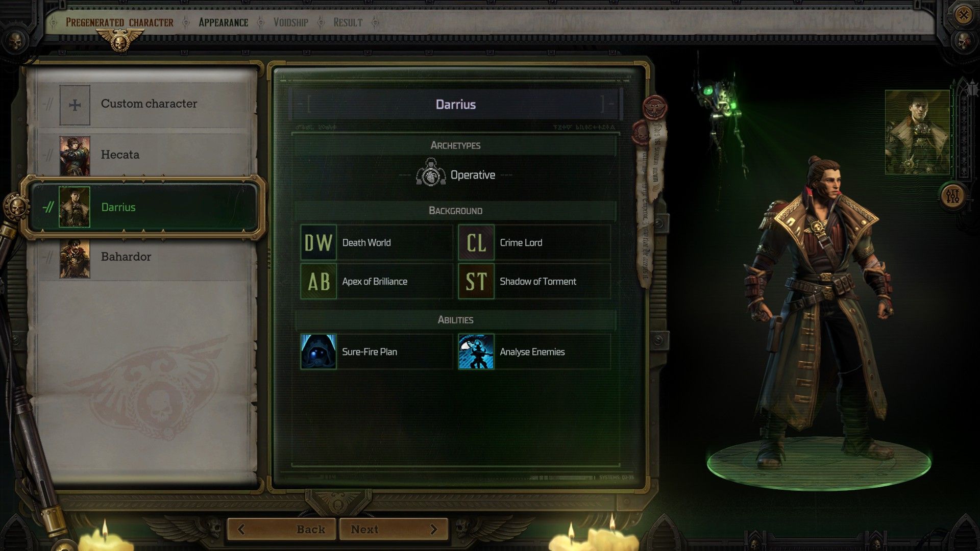 Дарриус фон Валансиус на экране персонажа перед геном Warhammer 40k Rogue Trader