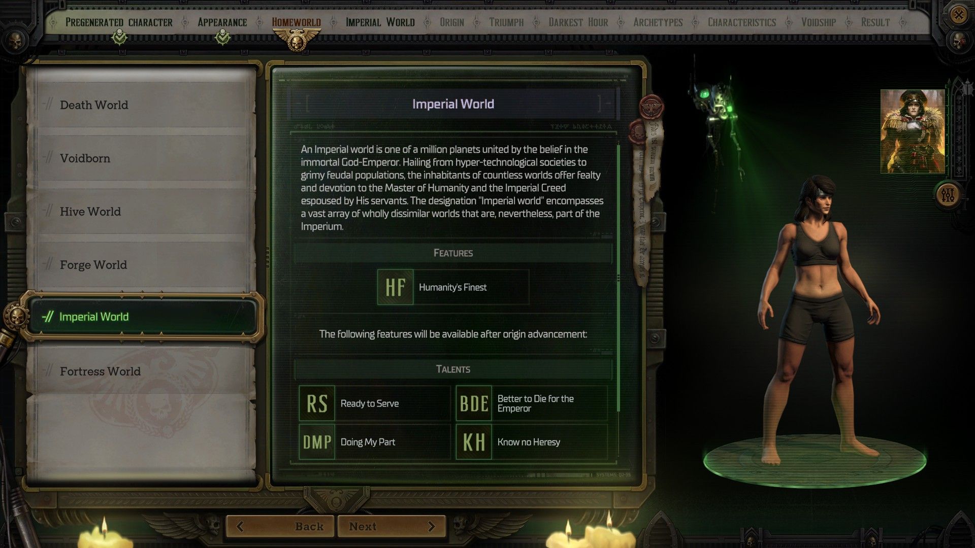 выбор имперского мира в интерфейсе создания персонажа в warhammer 40k rogue trader