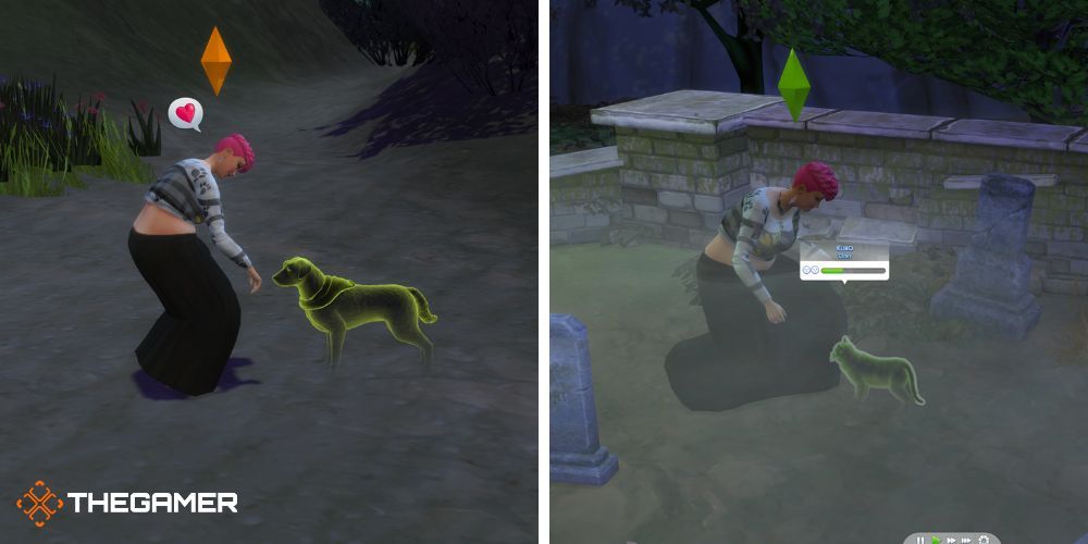 The Sims 4 Kočky a psi: Vlevo: Setkání psích duchů, Vpravo: Setkání kočičích duchů.