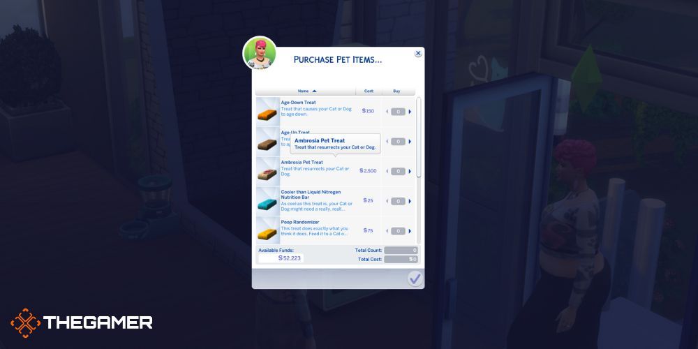 The Sims 4 Kočky a psi: Kupte si pamlsky Ambrosia z automatu na zvířata.