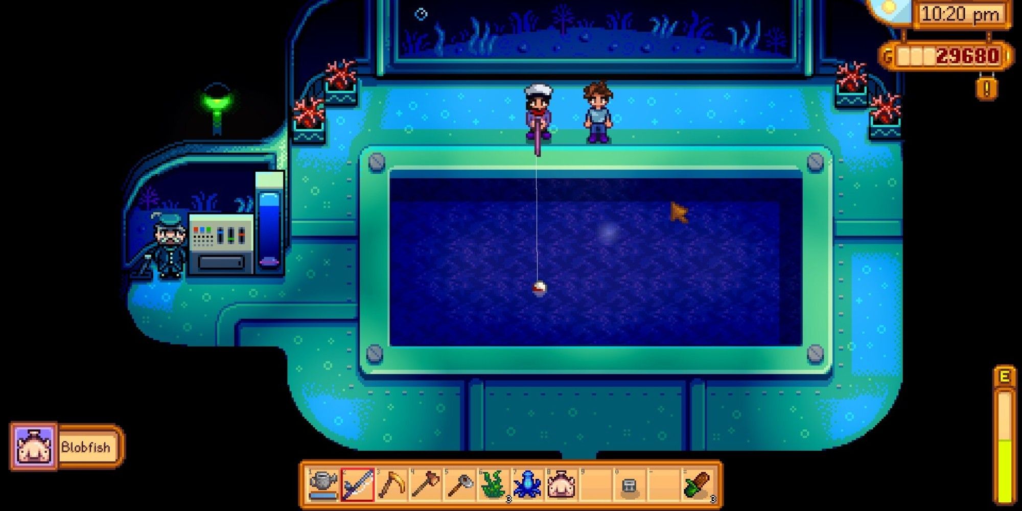 игрок охотится за рыбой-каплей на подводной лодке ночного рынка
