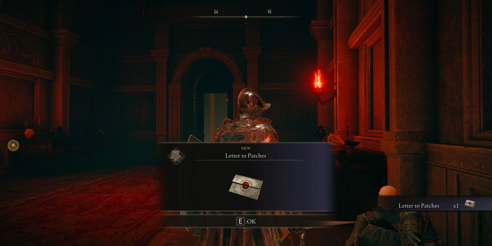 Персонаж игрока получает предмет «Письмо к патчам» из патчей в вестибюле поместья Вулкан.