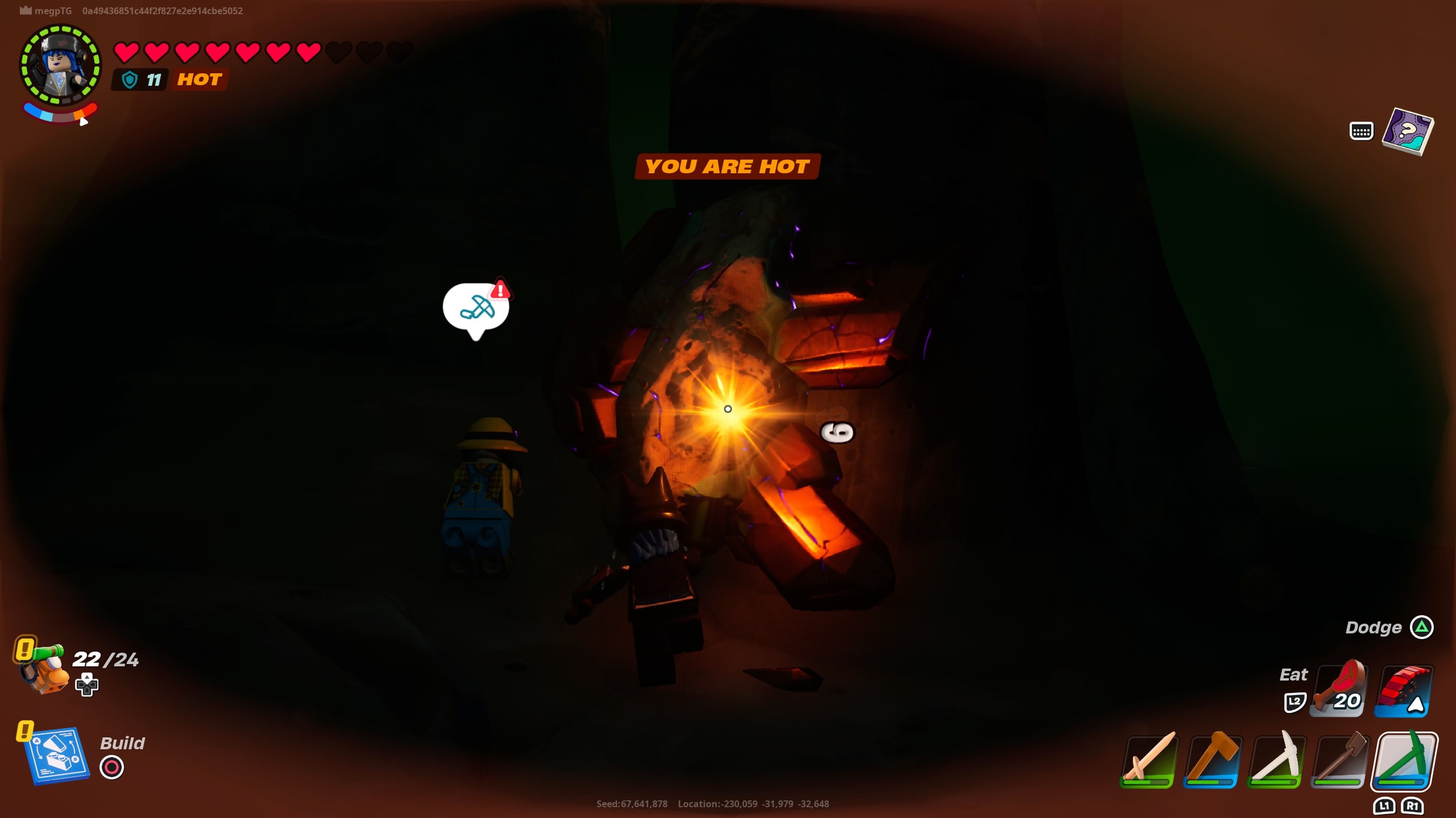 Игрок, добывающий медь в лавовой пещере в Lego Fortnite.