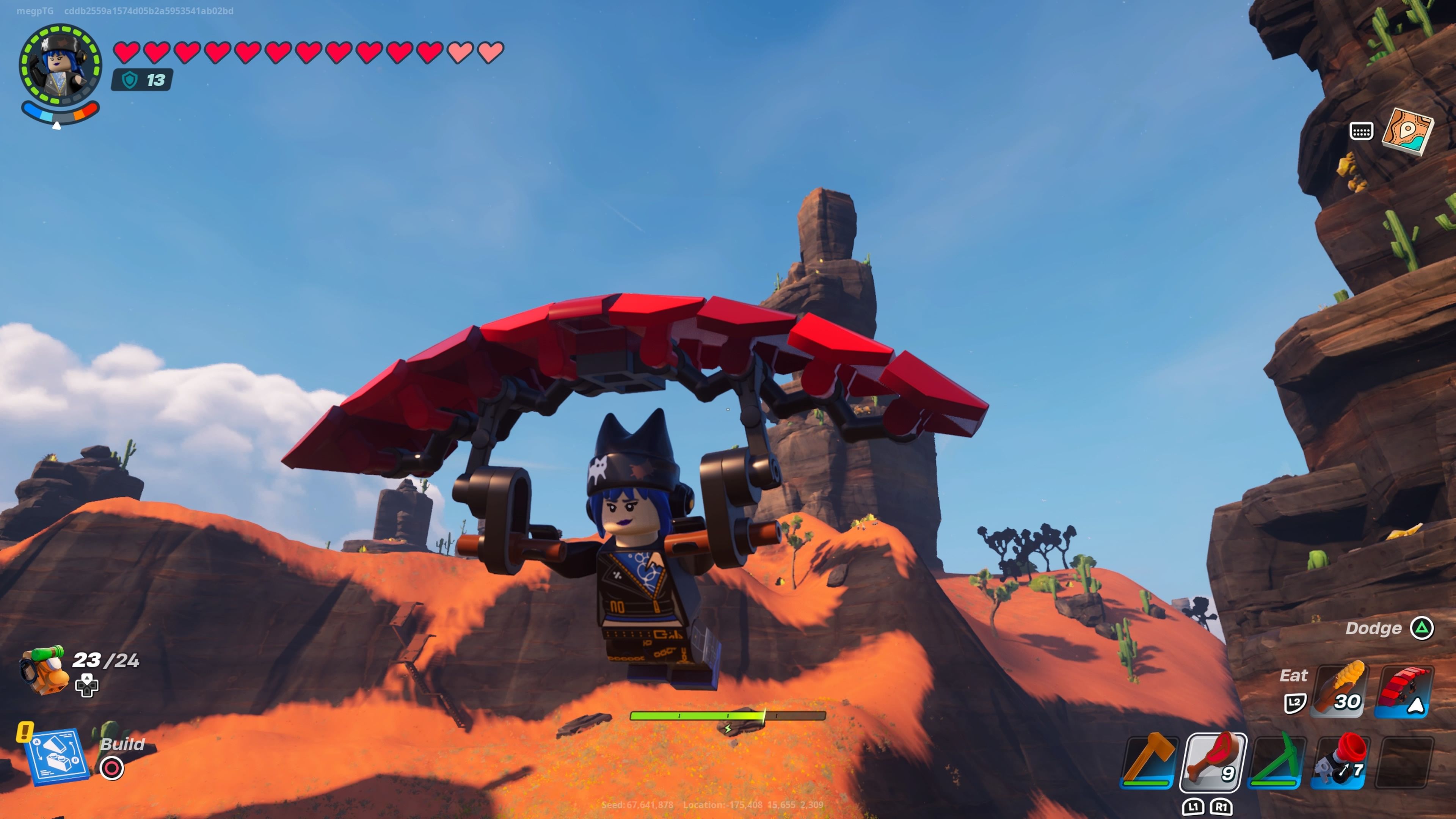 Игрок использует планер для путешествия по Сухой долине в Lego Fortnite.-1.