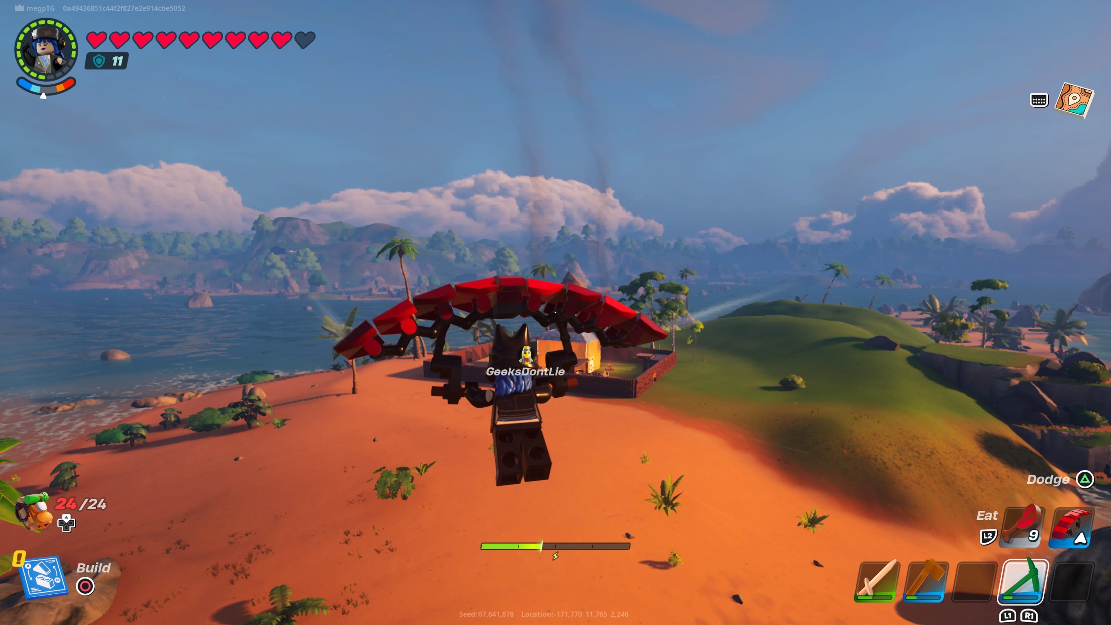 Игрок использует планер для путешествия по Сухой долине в Lego Fortnite.