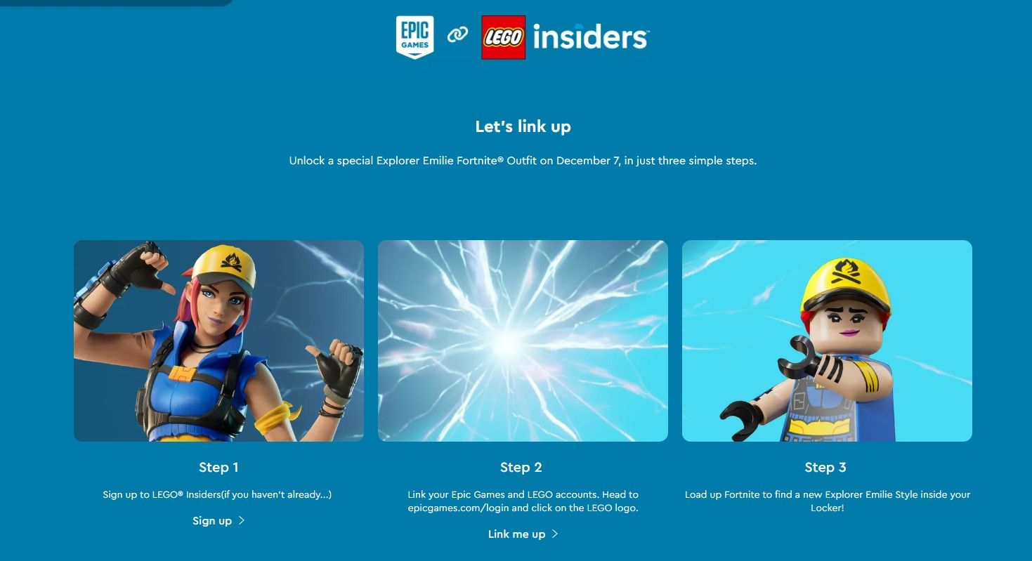 Скриншот с веб-сайта Lego, на котором подробно показано, как зарегистрироваться в Lego Insiders и Epic для получения скина Эмили для Fortnite.