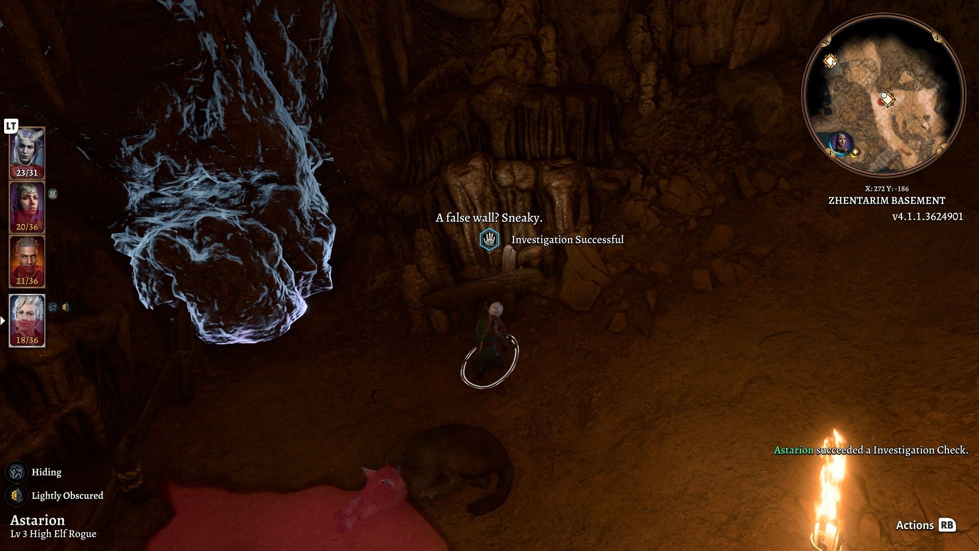 Астарион возле секретной стены в убежище Жентарима в Baldur's Gate 3.