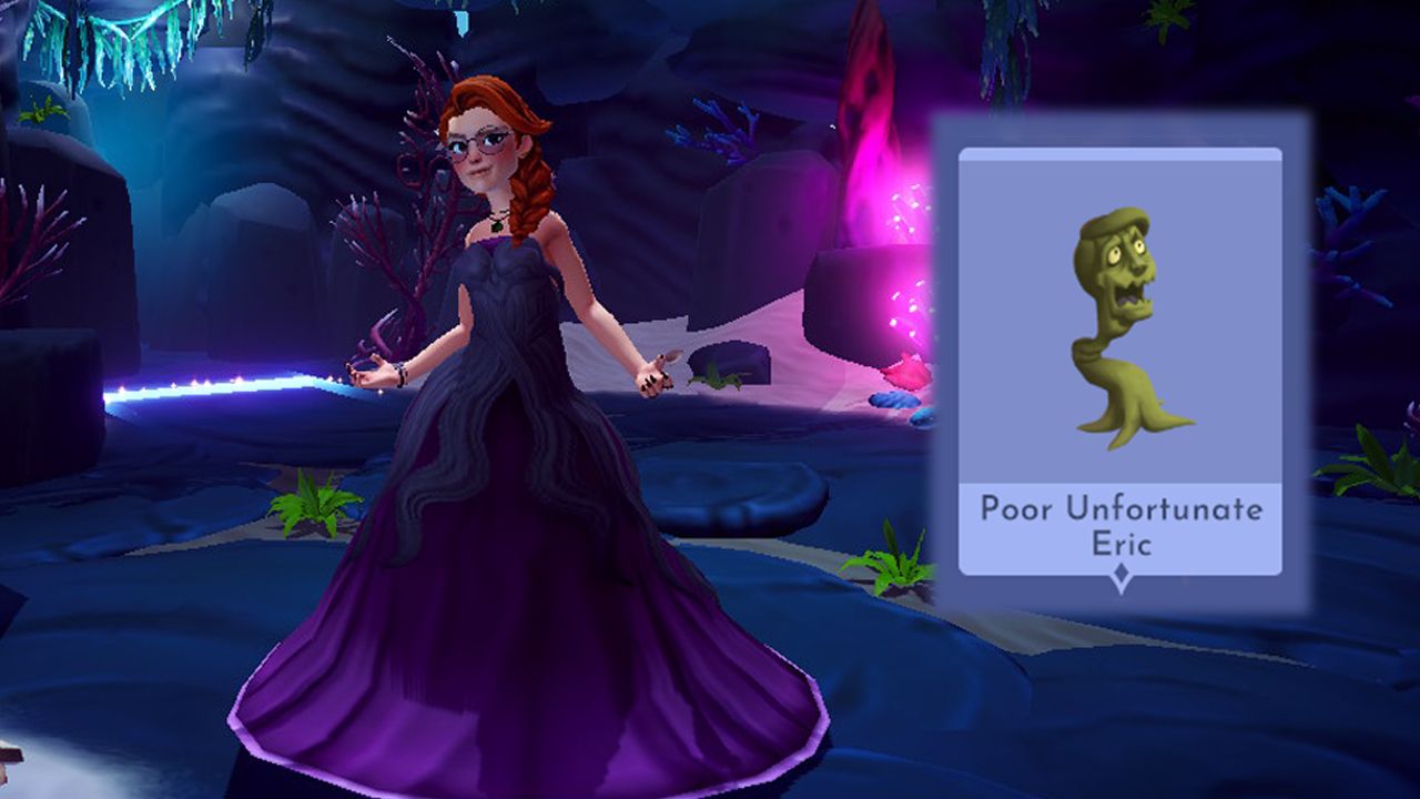 Аватар в платье Морской ведьмы с бедным незадачливым Эриком в Disney Dreamlight Valley