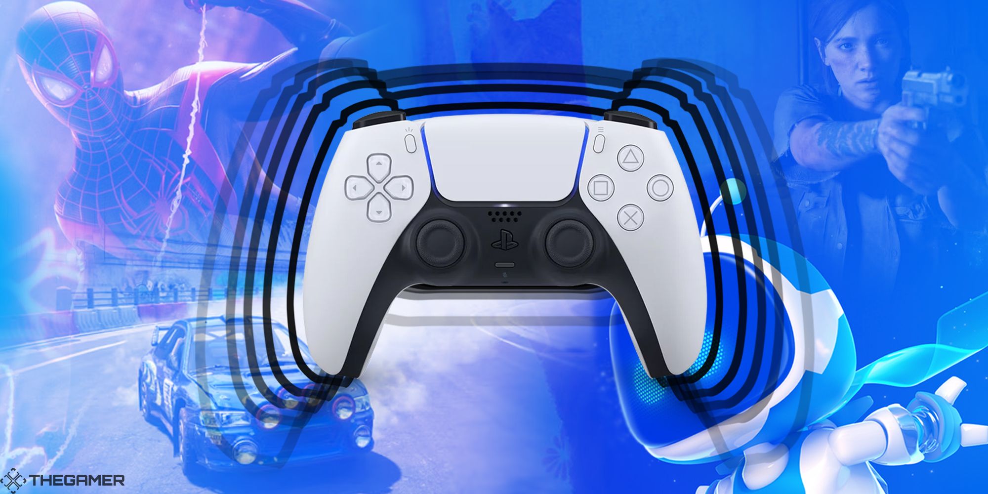 Контроллер DualSense вибрирует на синем фоне со скриншотами из фильмов «Человек-паук: Майлз Моралес», «Последние из нас, часть 2», «Грязь 5» и «Игровая комната Астро».