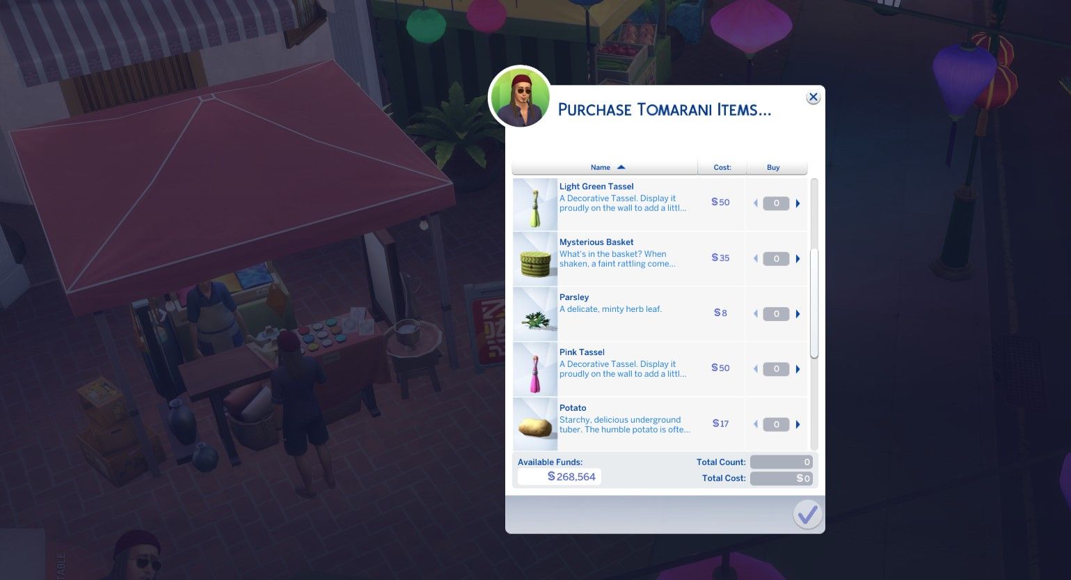 покупка двух кисточек на прилавке ночного рынка в Томаранге The Sims 4 в аренду