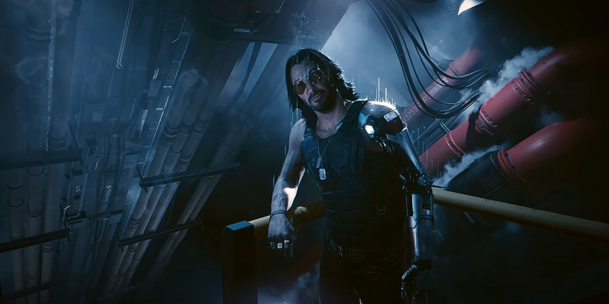 Cyberpunk 2077 Phantom Liberty Киану Ривз в роли Джонни Сильверхенда, спускающегося на лифте