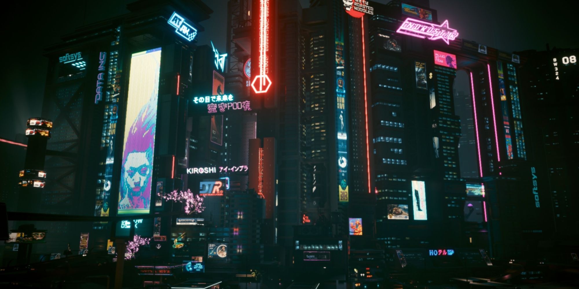 Скриншот Ночного города, на котором показаны высокие здания, яркий свет и реклама.