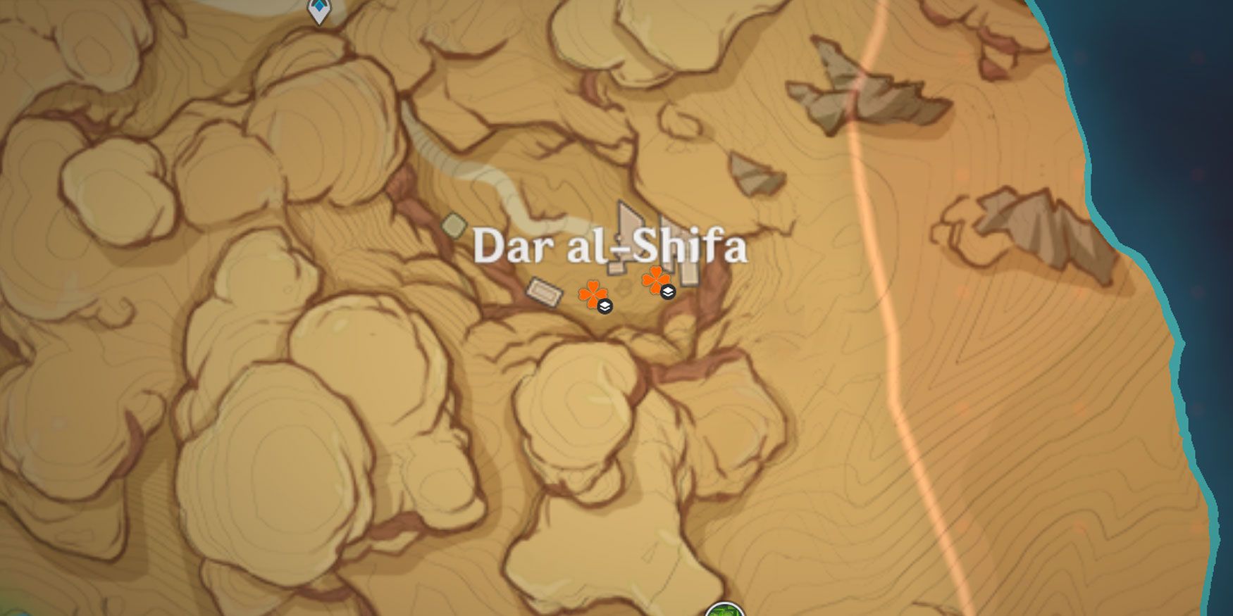Карта района Дар аш-Шифа, показывающая различные места, где можно купить местное блюдо Сумеру Скарабей в Genshin Impact.