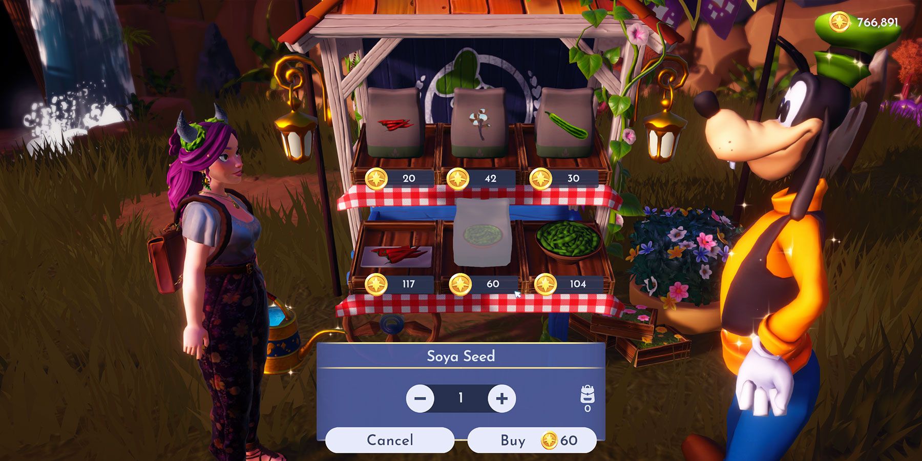 Покупка семян сои в ларьке Гуфи в Disney Dreamlight Valley