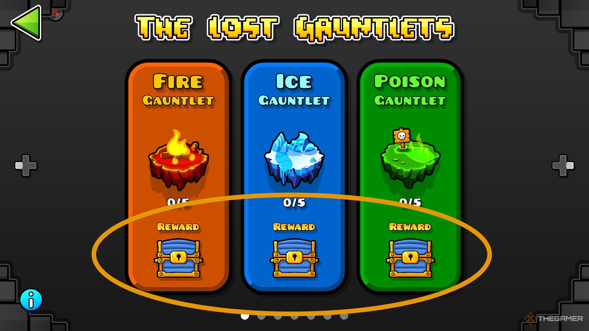 Скриншот из Geometry Dash, на котором показан экран Lost Gauntlet, показывающий перчатку огня, льда и яда. Внизу каждой перчатки находится оранжевый круг вокруг сундуков.