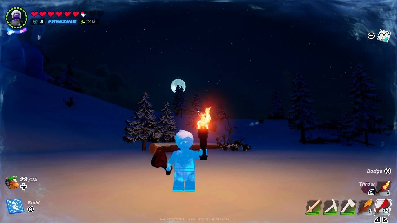 Игрок Lego выделен синим цветом, чтобы показать, что он пострадал от холода.