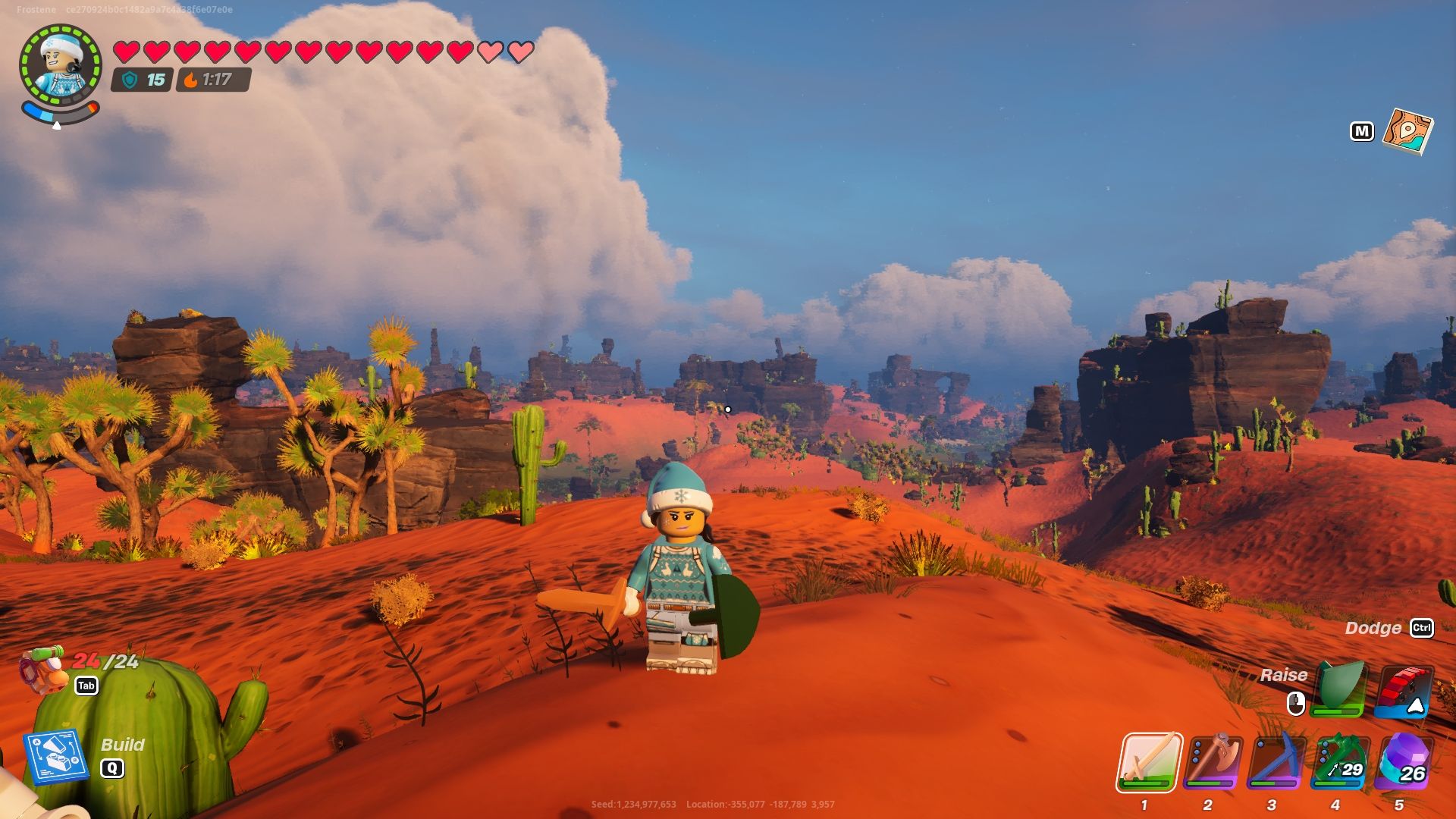 Аватар Lego Fortnite, стоящий на песчаном холме в биоме Сухой долины, где можно найти обсидиан.
