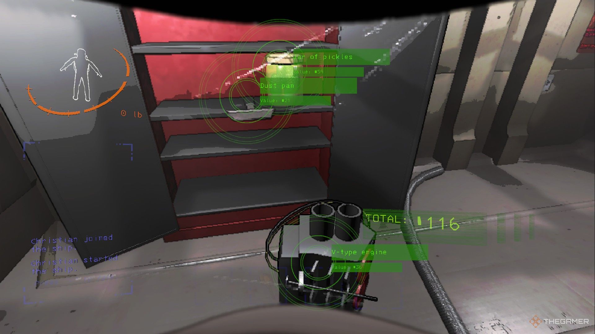 Скриншот из игры Lethal Company, показывающий такие предметы сохранения, как V-двигатель, банку с огурцами и мусорный бак, проданные за 116 кредитов.