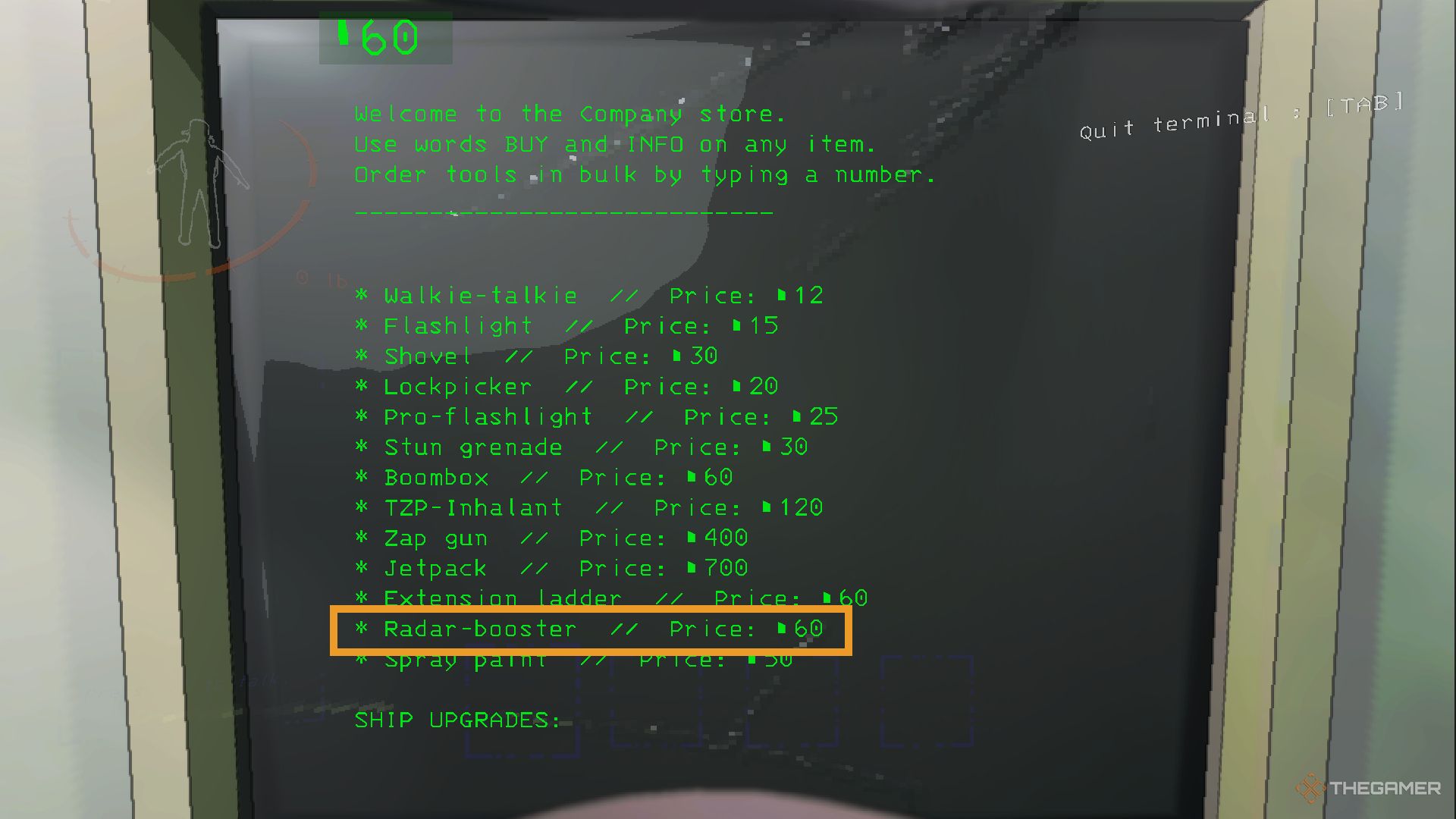 Скриншот из Lethal Company, на котором показаны предметы Терминального магазина с выделенным радарным усилителем.
