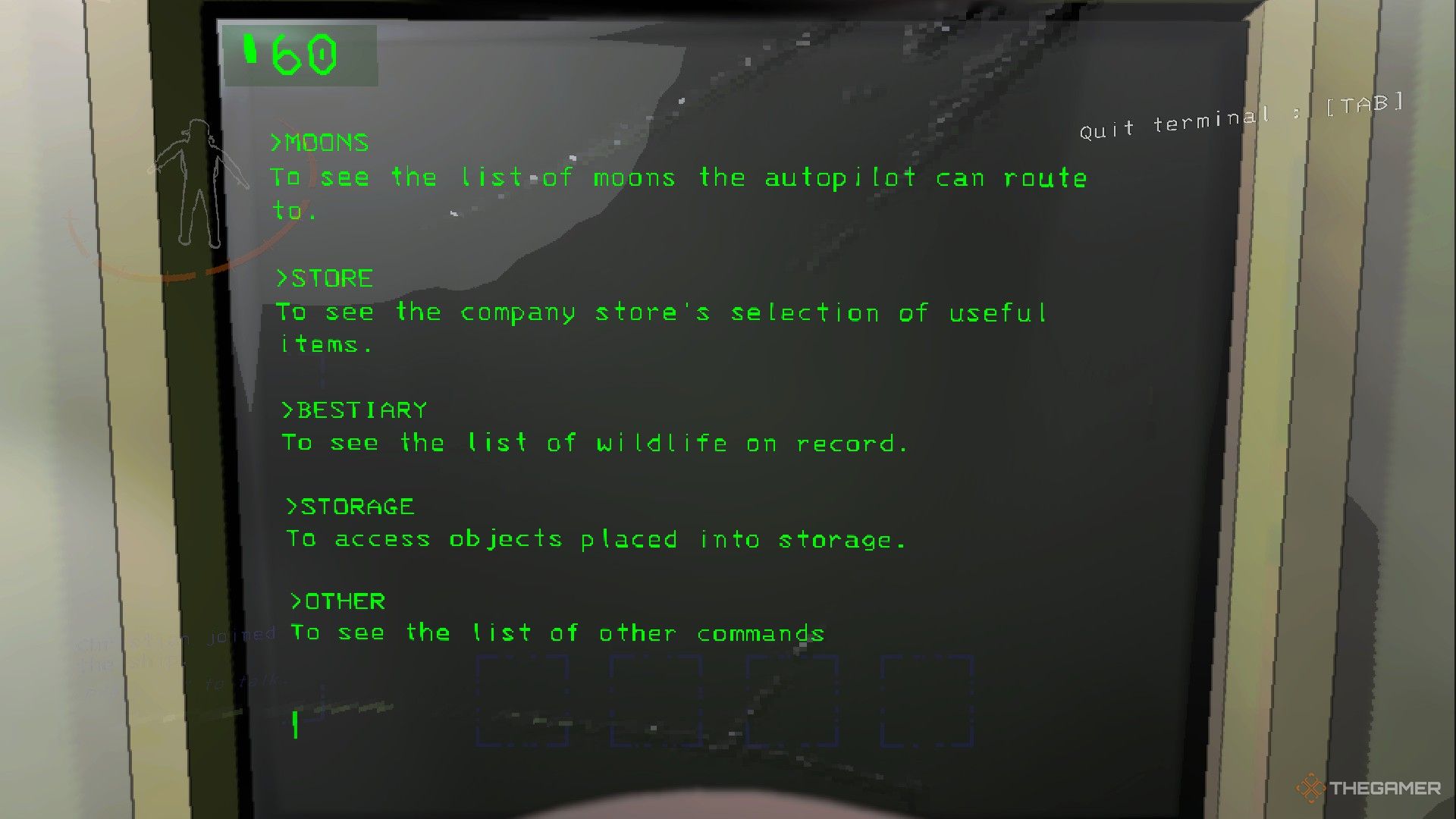 Снимок экрана из игры Lethal Company в категории испытаний «Терминал», включая «Луны», «Магазин», «Бестиарий», «Хранилище» и другие.