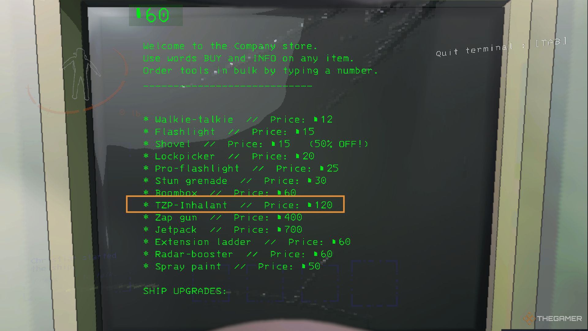 Скриншот из Lethal Company, показывающий магазин терминала с выделенным веществом TZP-Inhalant.  Это стоит 120 кредитов.