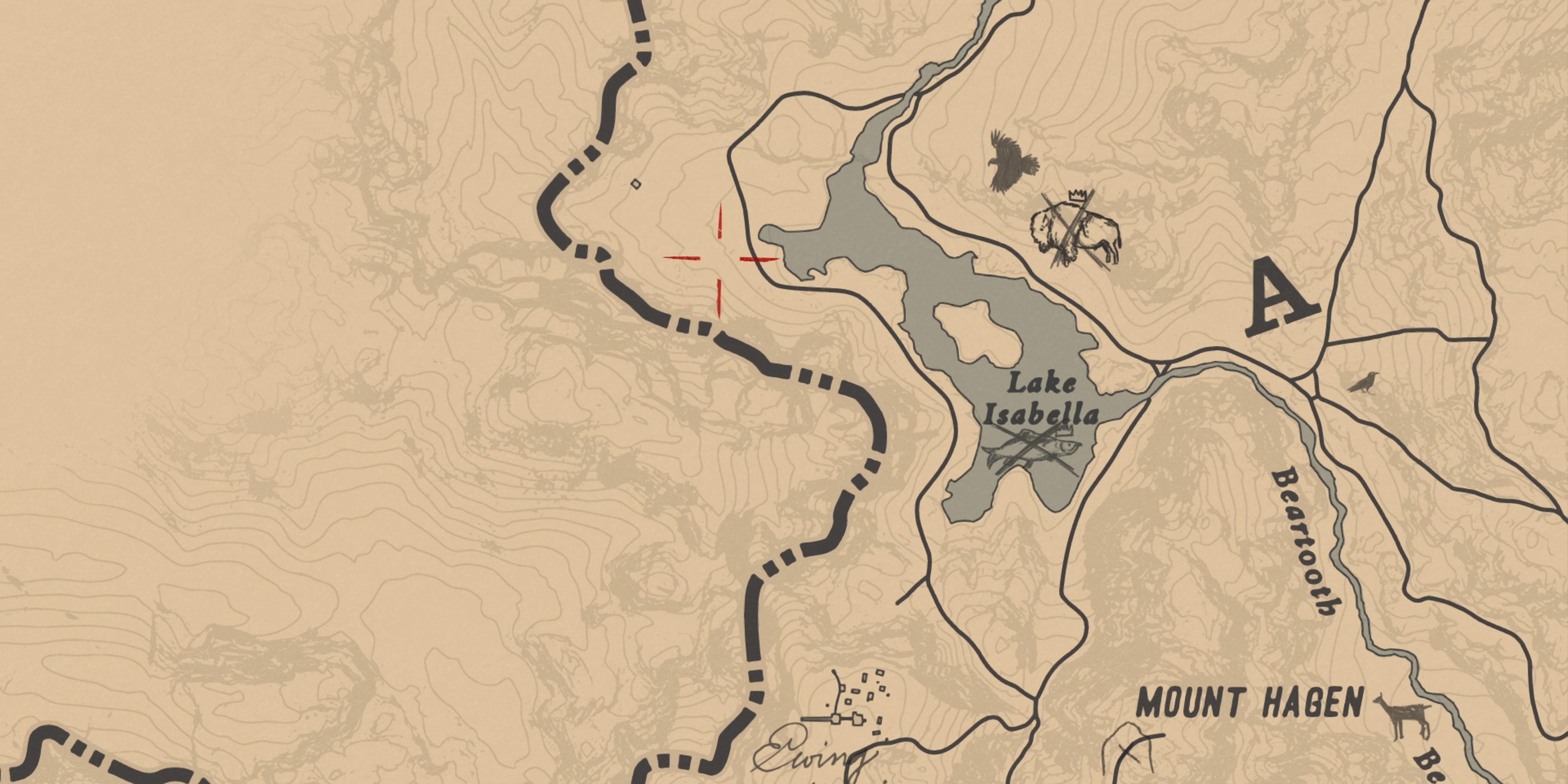 Red Dead Redemption 2 Белая арабская локация: красный курсор выделяет область рядом с озером Изабелла.