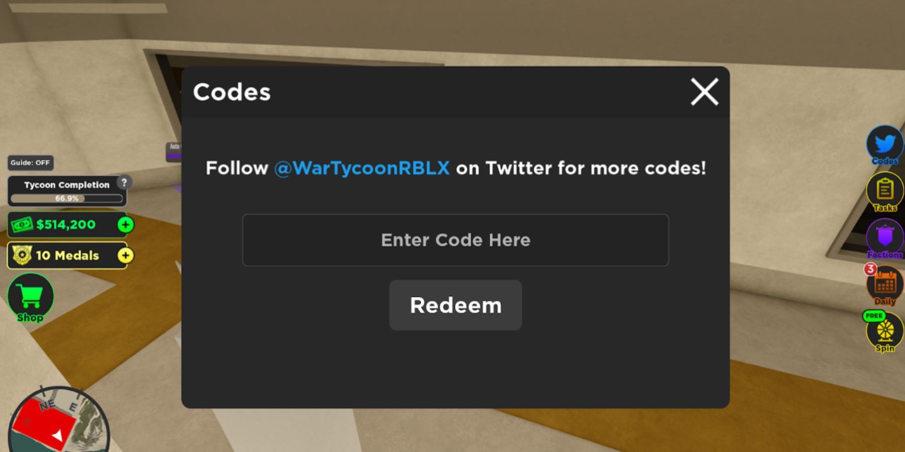 Roblox War Tycoon: кнопка «Коды»