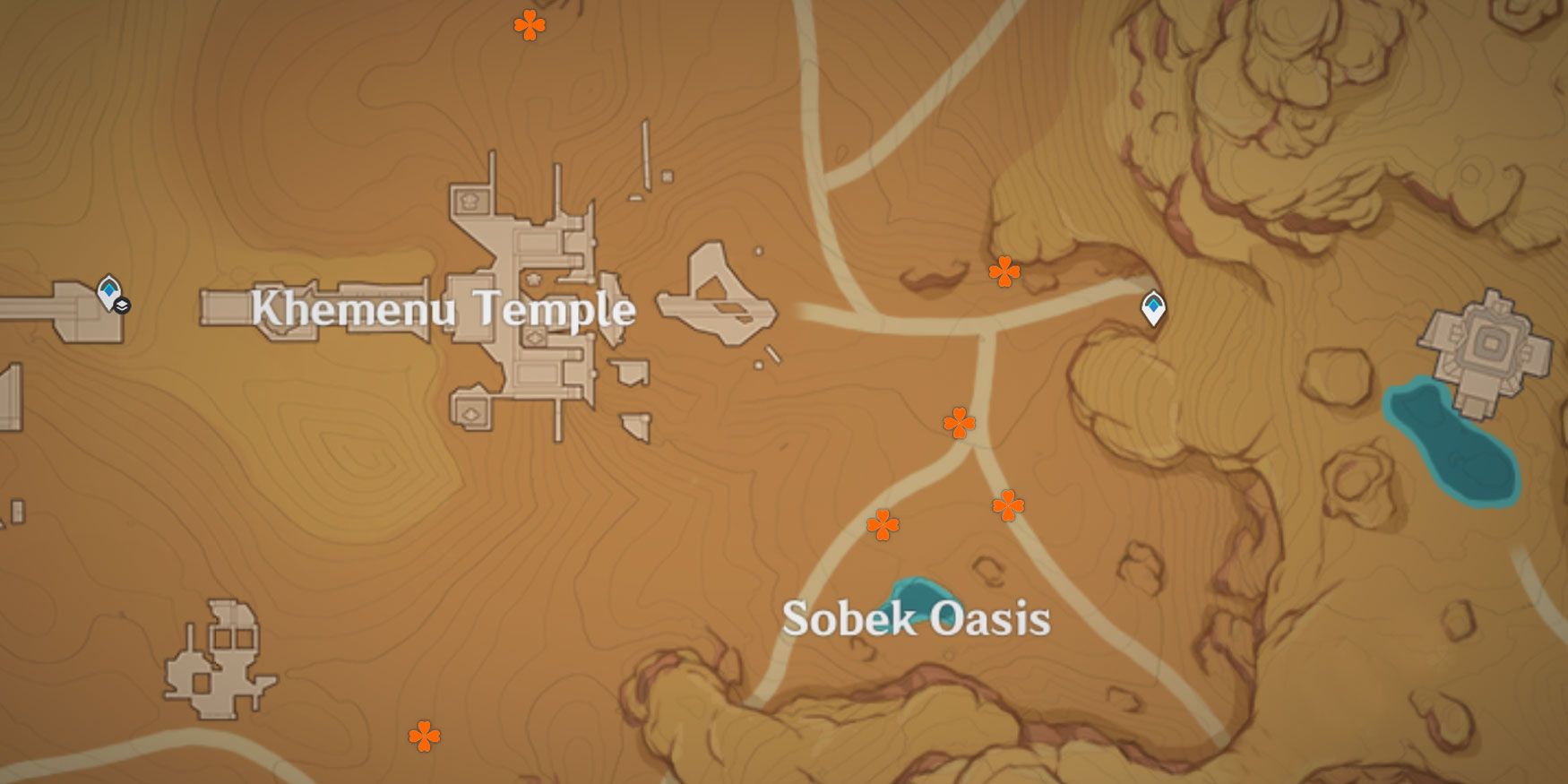 Карта оазиса Собек и храма Хемену, показывающая различные места местного деликатеса скарабея Сумеру в Genshin Impact.