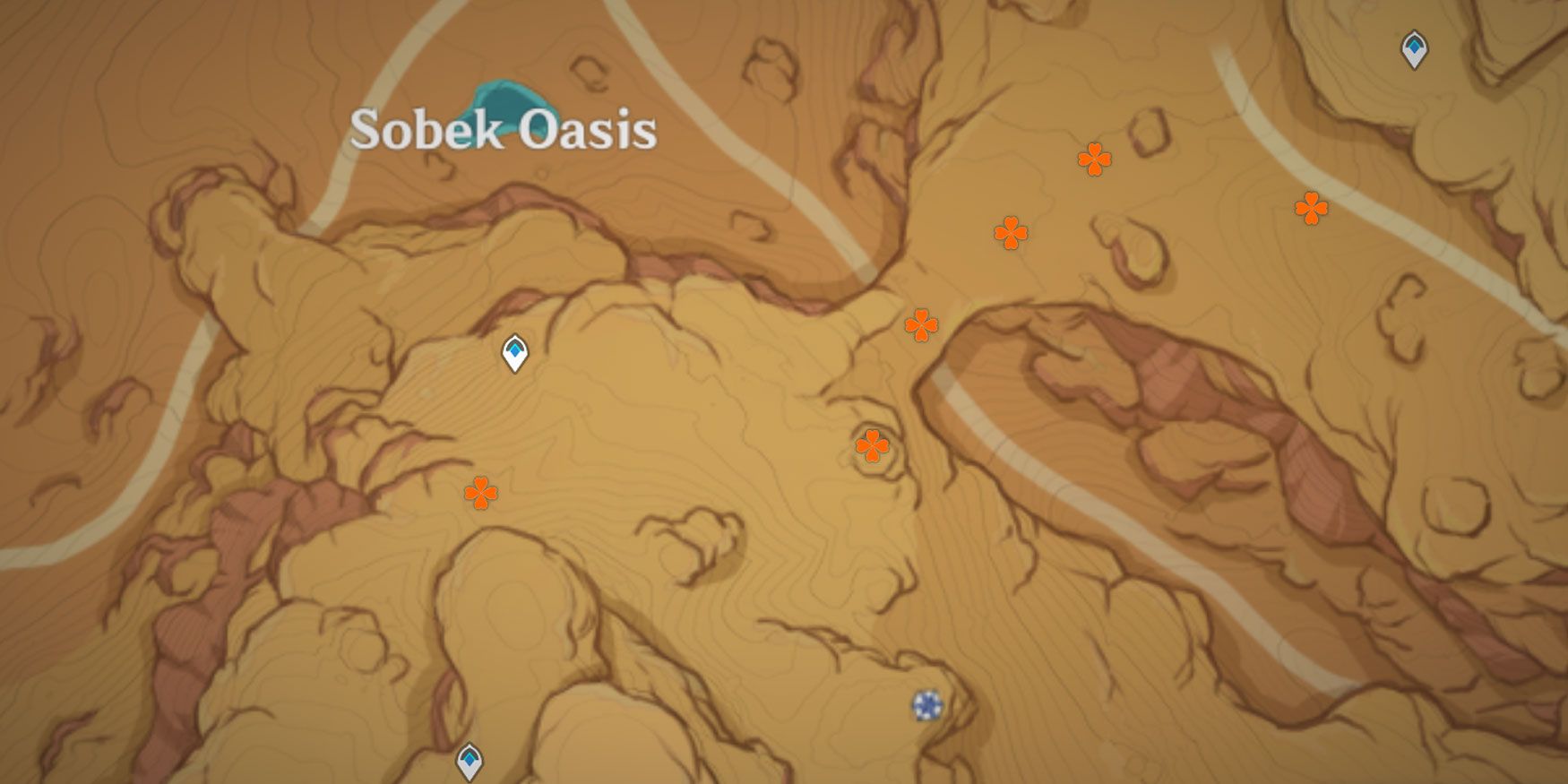 Карта оазиса Собек, показывающая различные места, где можно купить местное блюдо Сумеру-скарабей в Genshin Impact.