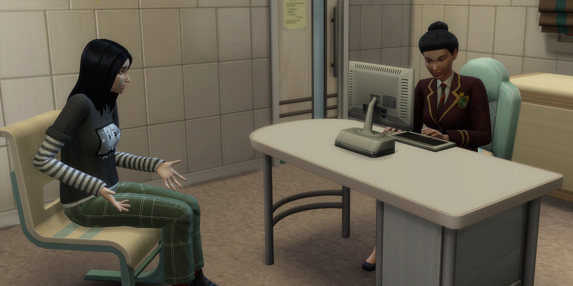 Сим-подросток разговаривает с директором школы, выпускником ранних школьных лет Sims 4