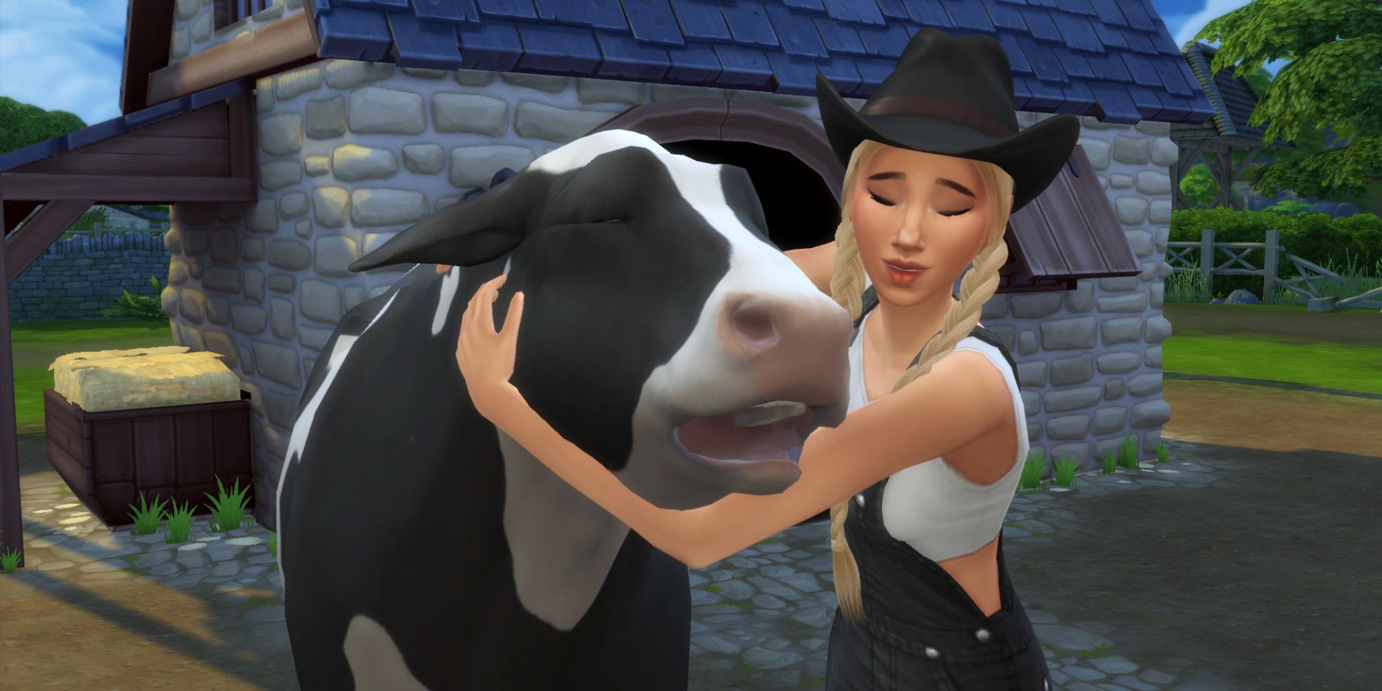 Сим, участвующая в «Цветущем испытании» в The Sims 4, обнимает своего бычьего компаньона — корову.