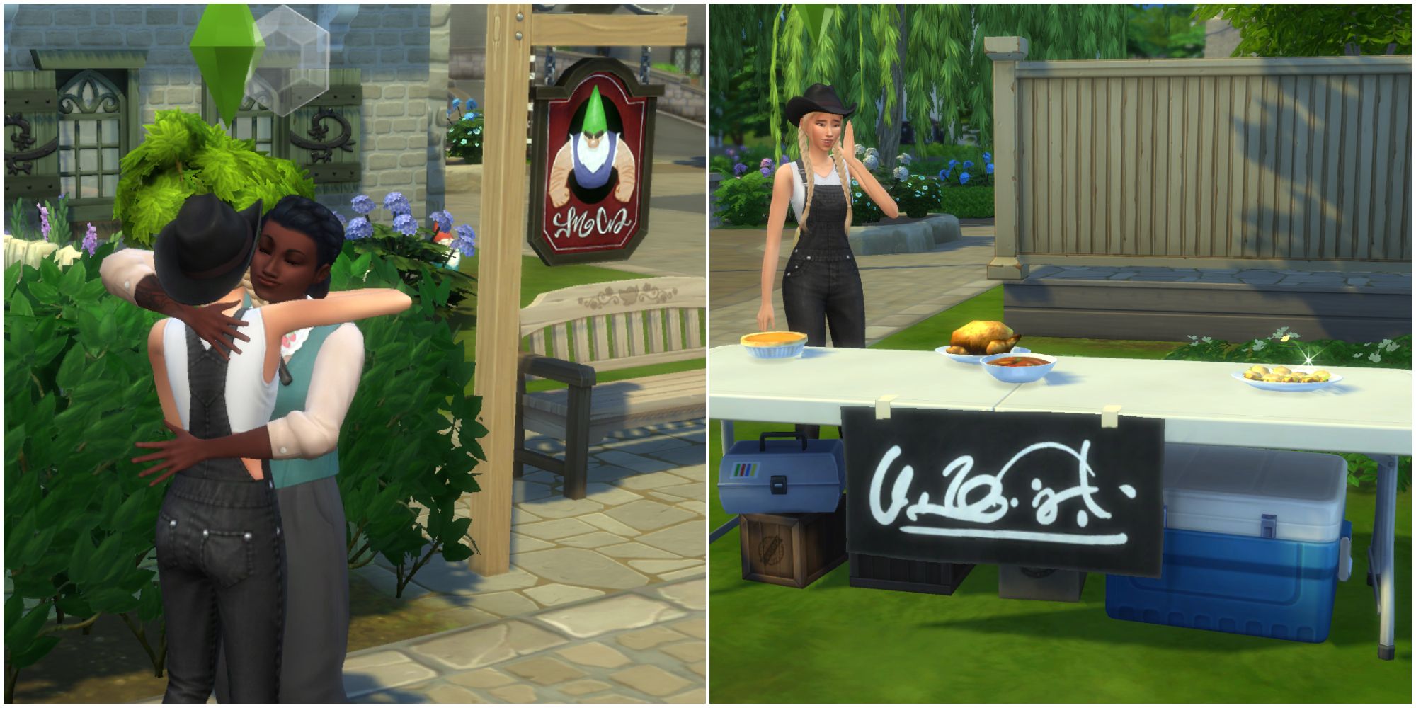 Сим «Цветущий вызов» подружится с владелицей паба Сарой Скотт и продает еду своим посетителям на улице в The Sims 4.