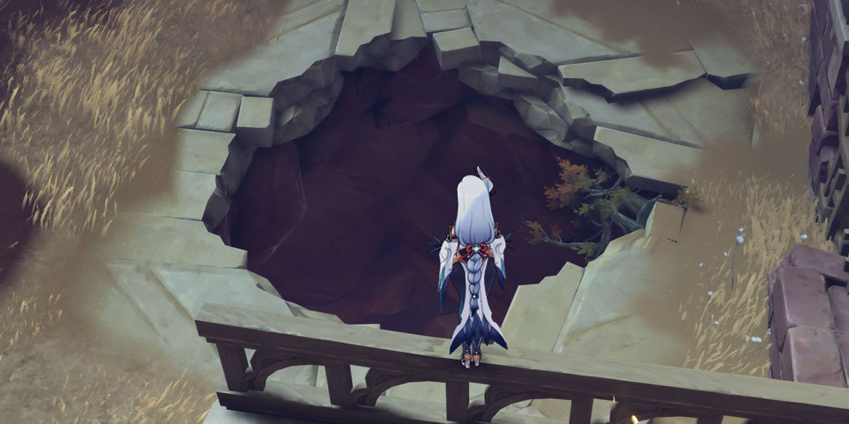 Шэньхэ стоит перед входом в туннель в Дар аль-Шифе в Genshin Impact.