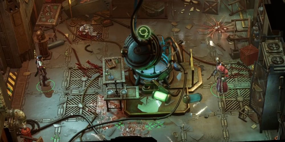 Паскаль и Хейнрикс исследуют странное лабораторное оборудование в Warhammer 40k Rogue Trader