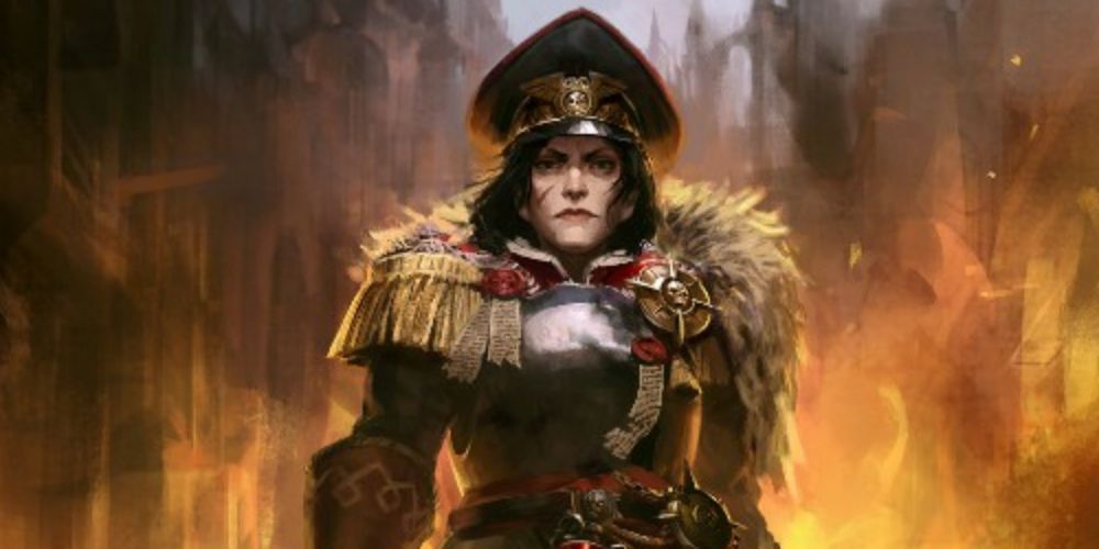 женщина-лорд-капитан в комиссарской форме в боевом молоте 40к вольный торговец