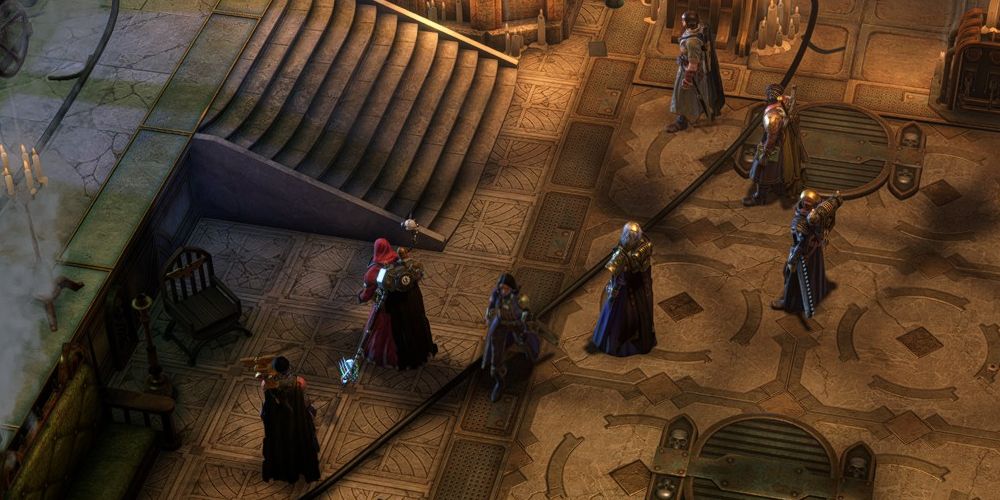 Джэ покидает Льежский дворец и проходит мимо свиты лорда-капитана в Warhammer 40k: Rogue Trader