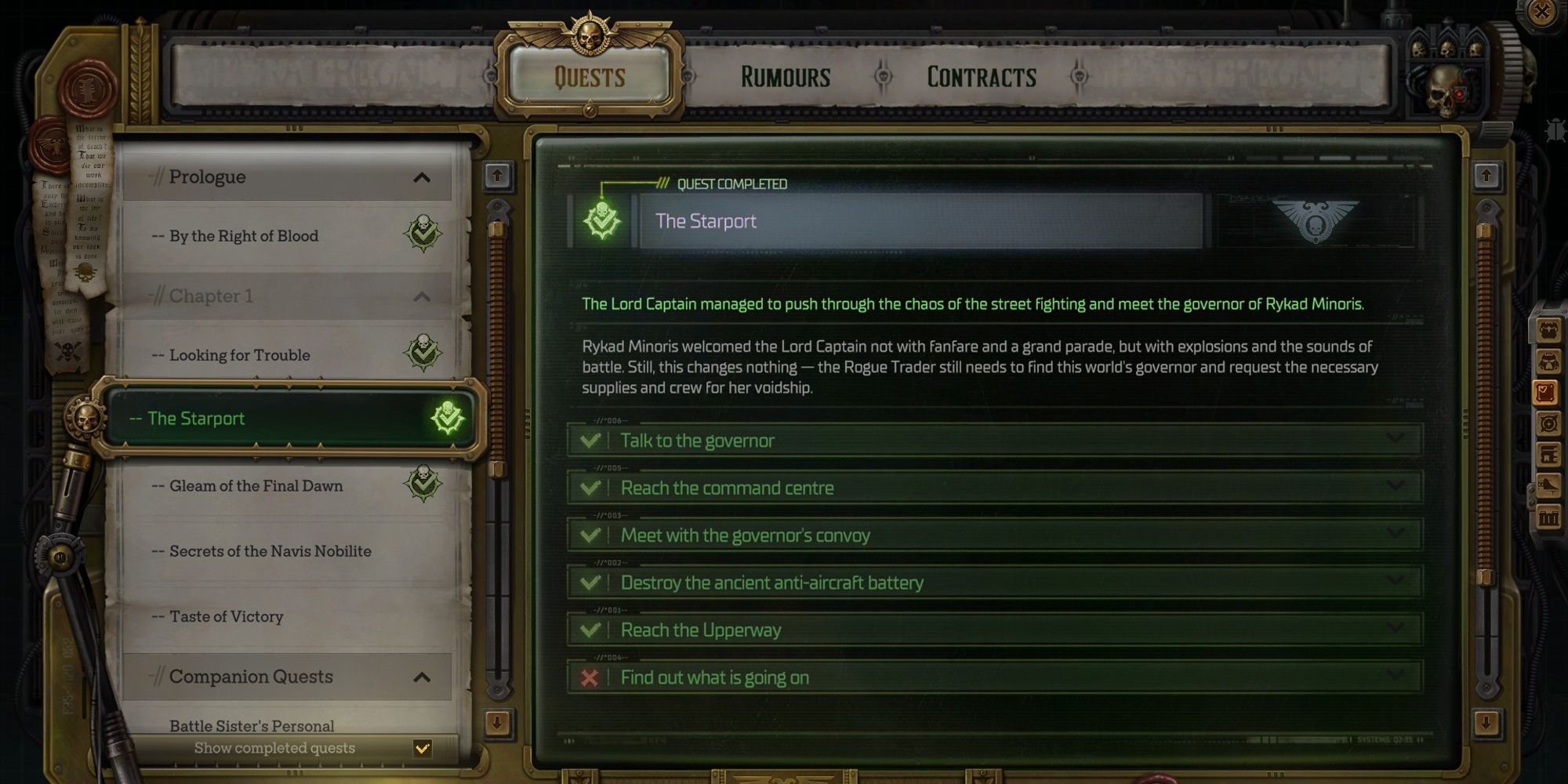 Warhammer бродячий торговец, экран информации о линии квестов в космопорте