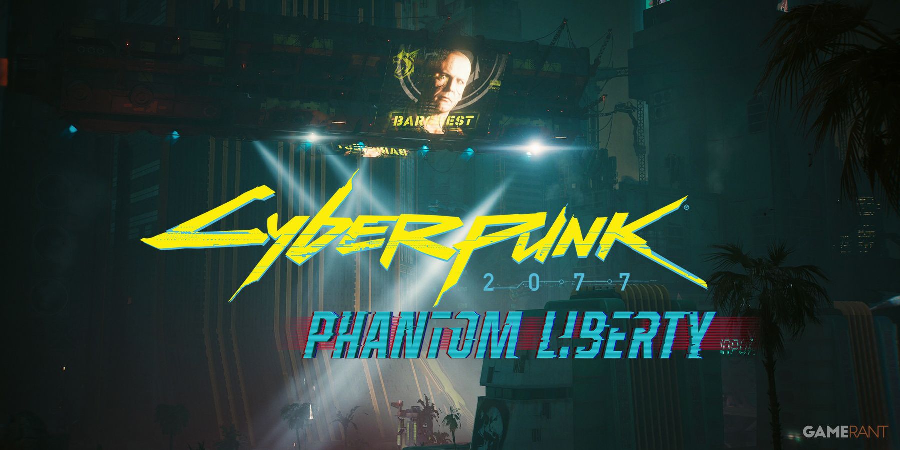 Логотип Cyberpunk 2077 Phantom Liberty и снимок городского дирижабля Dogtown Barghest