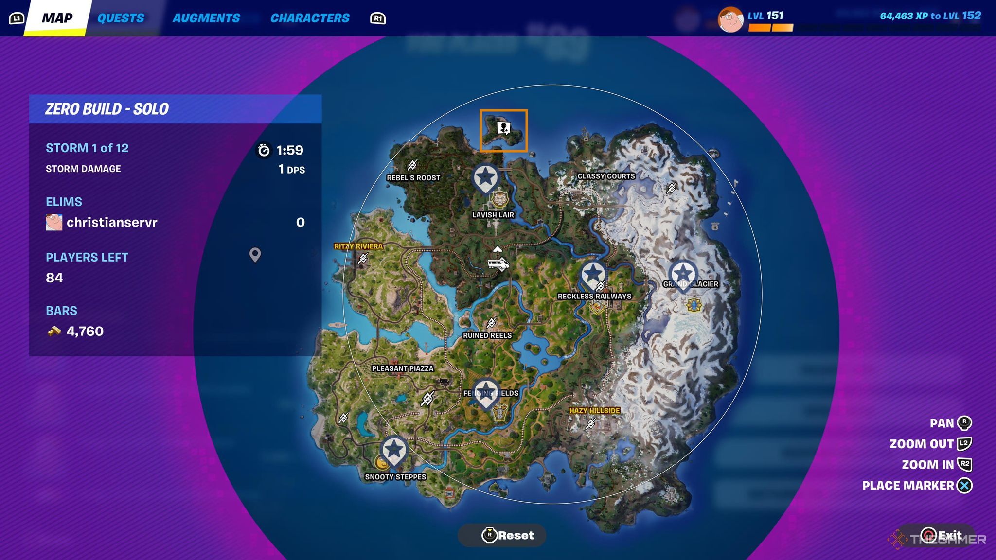Скриншот из пятой главы Fortnite, показывающий, где появляется Солид Снейк в самой северной части карты.