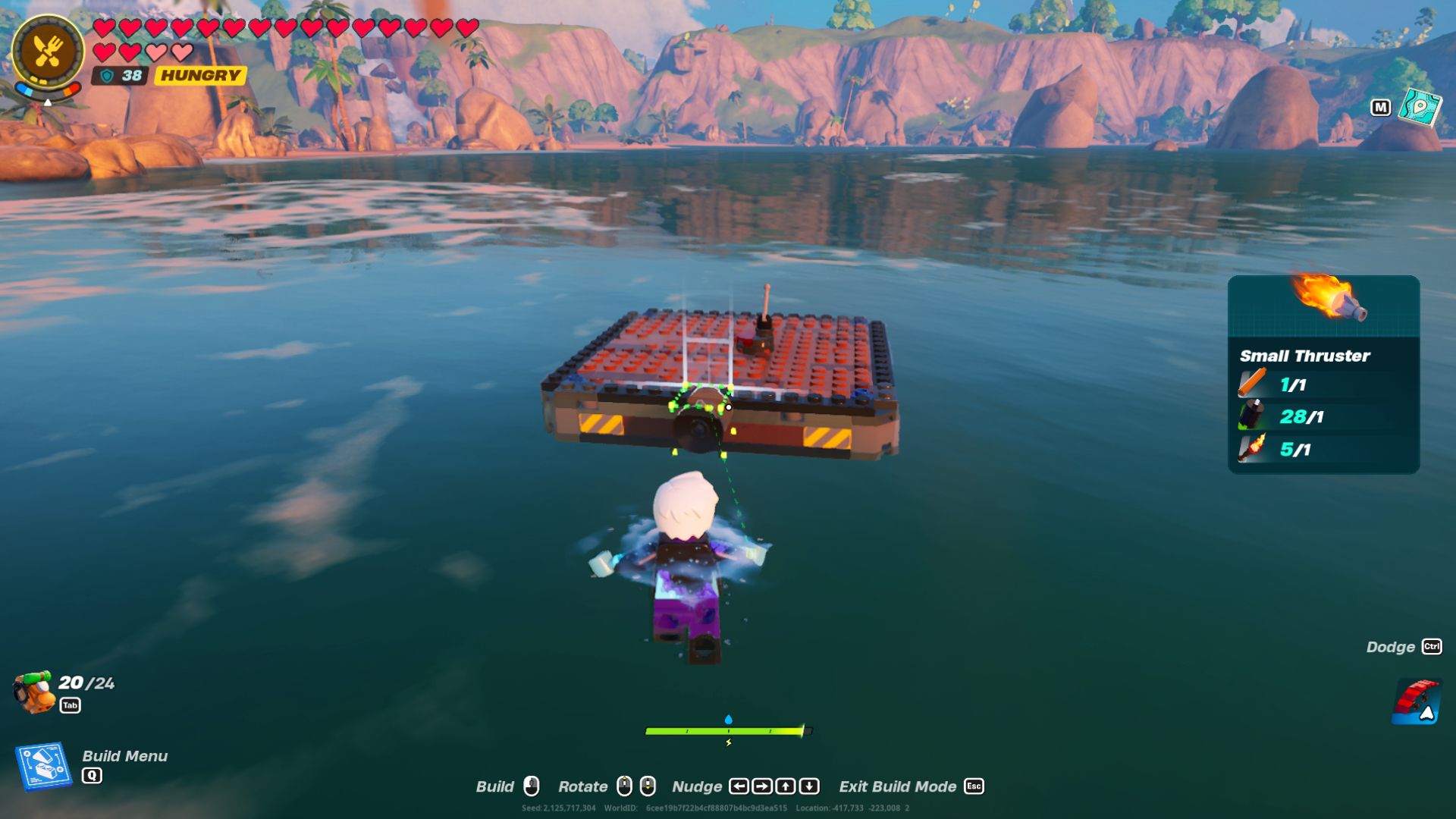 Игроки Lego прикрепляют Thruster к кораблю, пока он плавает в воде.