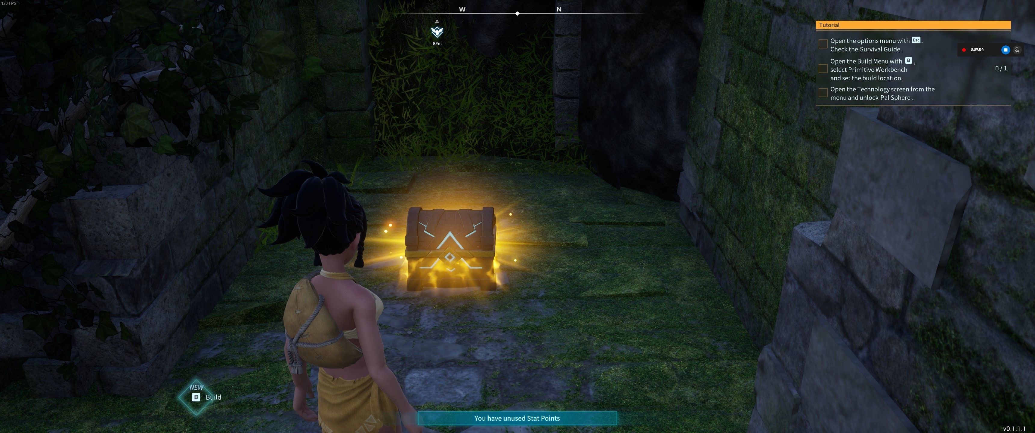 Palworld: игрок стоит перед светящимся сундуком.