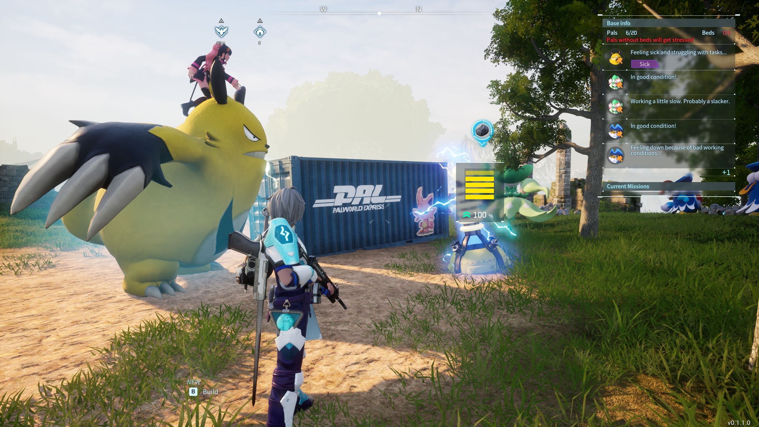 Игрок, стоящий рядом с Гриззболтом и приводящий в действие генератор энергии Palworld