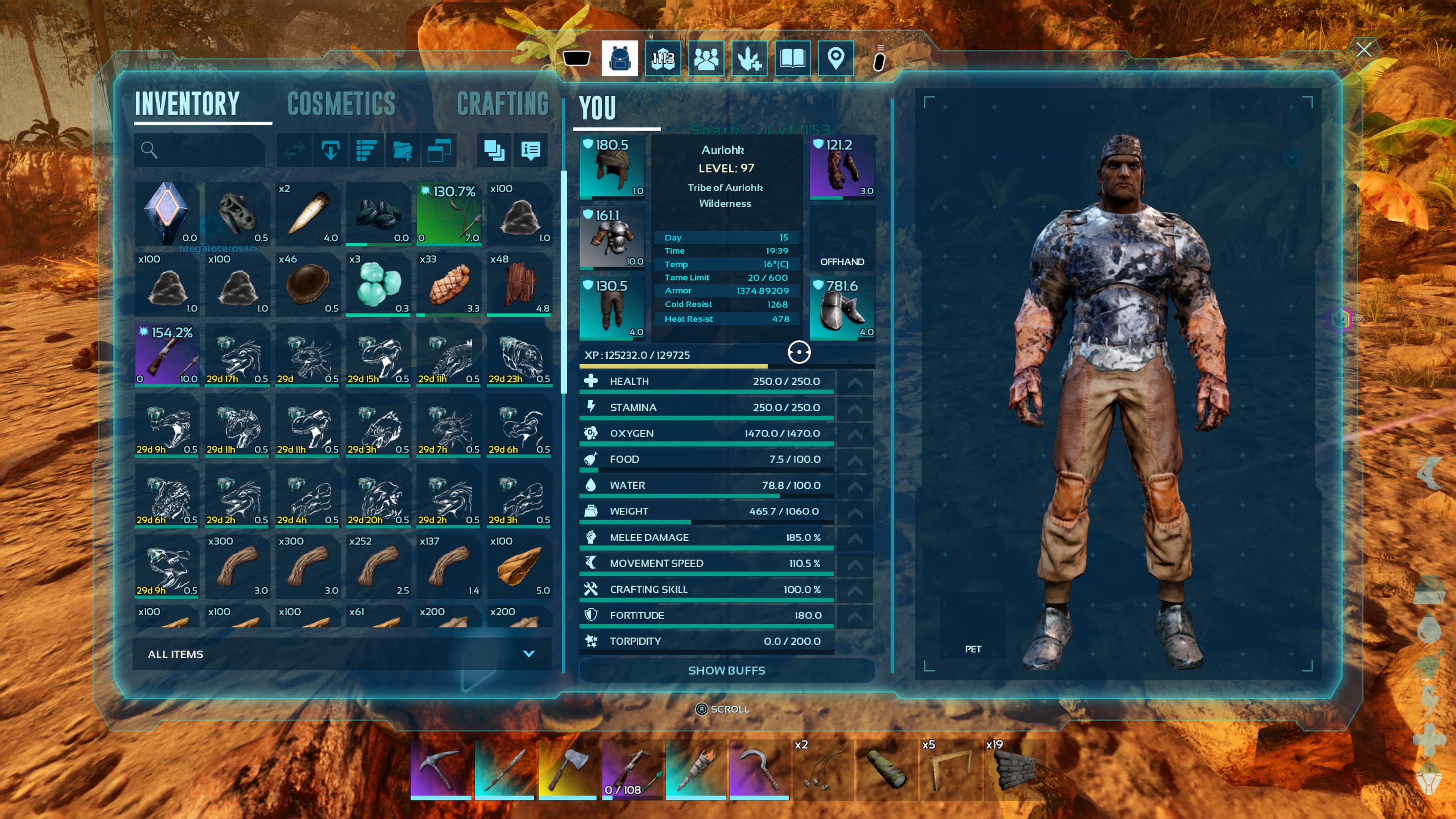 Персонаж игрока просматривает свой инвентарь, в котором показаны имеющиеся у него предметы, а также такие характеристики, как изоляция от холода и тепла в ARK: Survival Ascended.