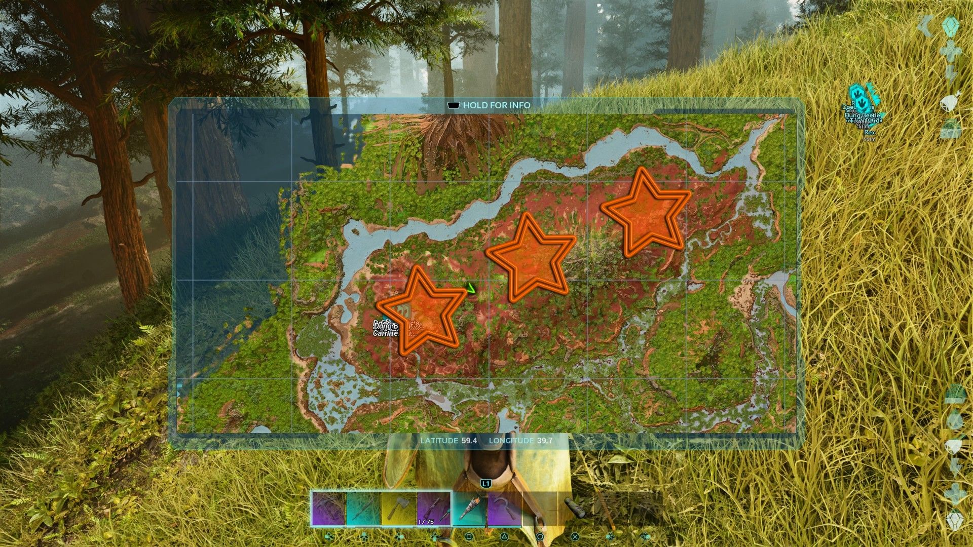 Персонаж игрока смотрит на свою внутриигровую карту, на части которой в Ark: Survival Ascended отредактированы три большие оранжевые звезды.