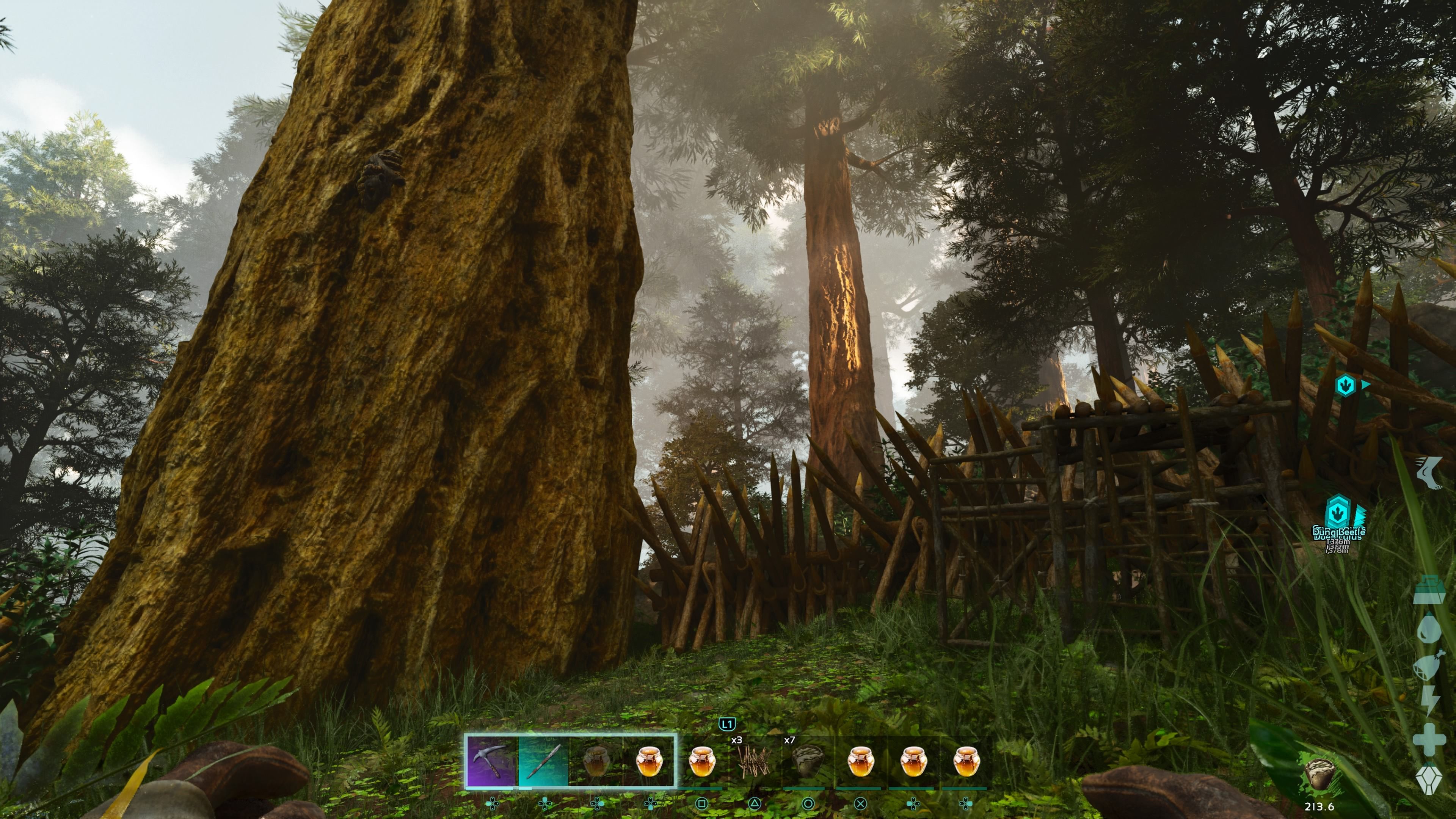 Персонаж игрока смотрит на пчелиный улей с деревянной клеткой и кругом из деревянных шипов вокруг него в Ark: Survival Ascended.