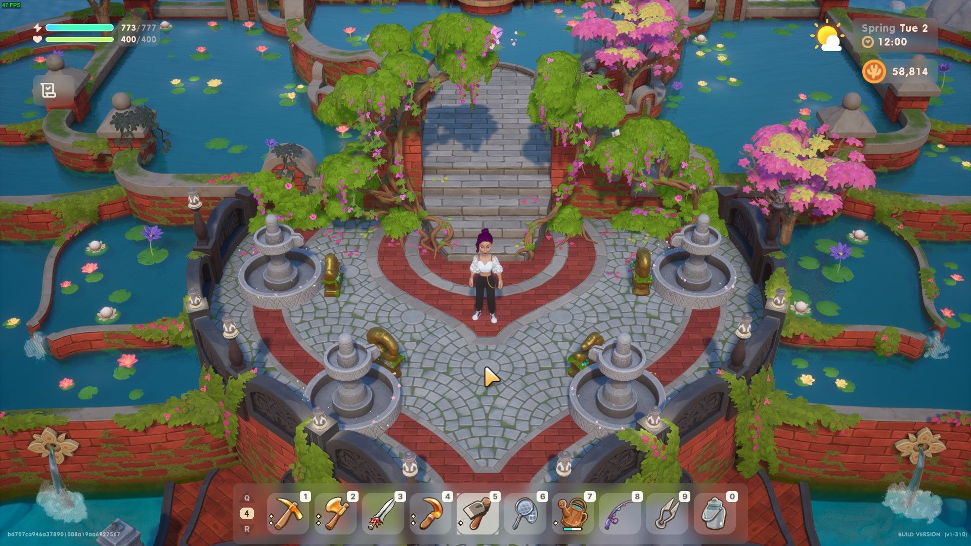 Коралловый остров: изображение персонажа игрока, стоящего в храме у озера.