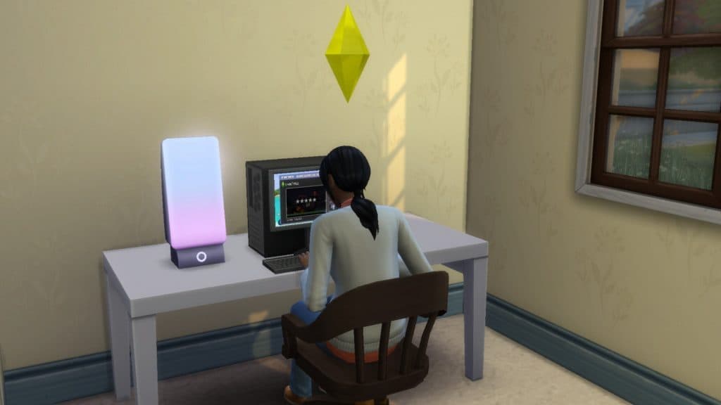 Скриншот сима, использующего компьютер в The Sims 4.