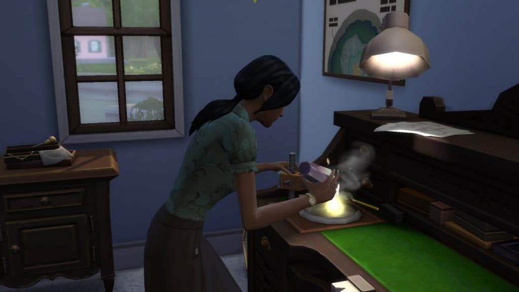 Скриншот, на котором изображен персонаж, создающий ювелирные изделия из набора The Sims 4 Crystal Creations.