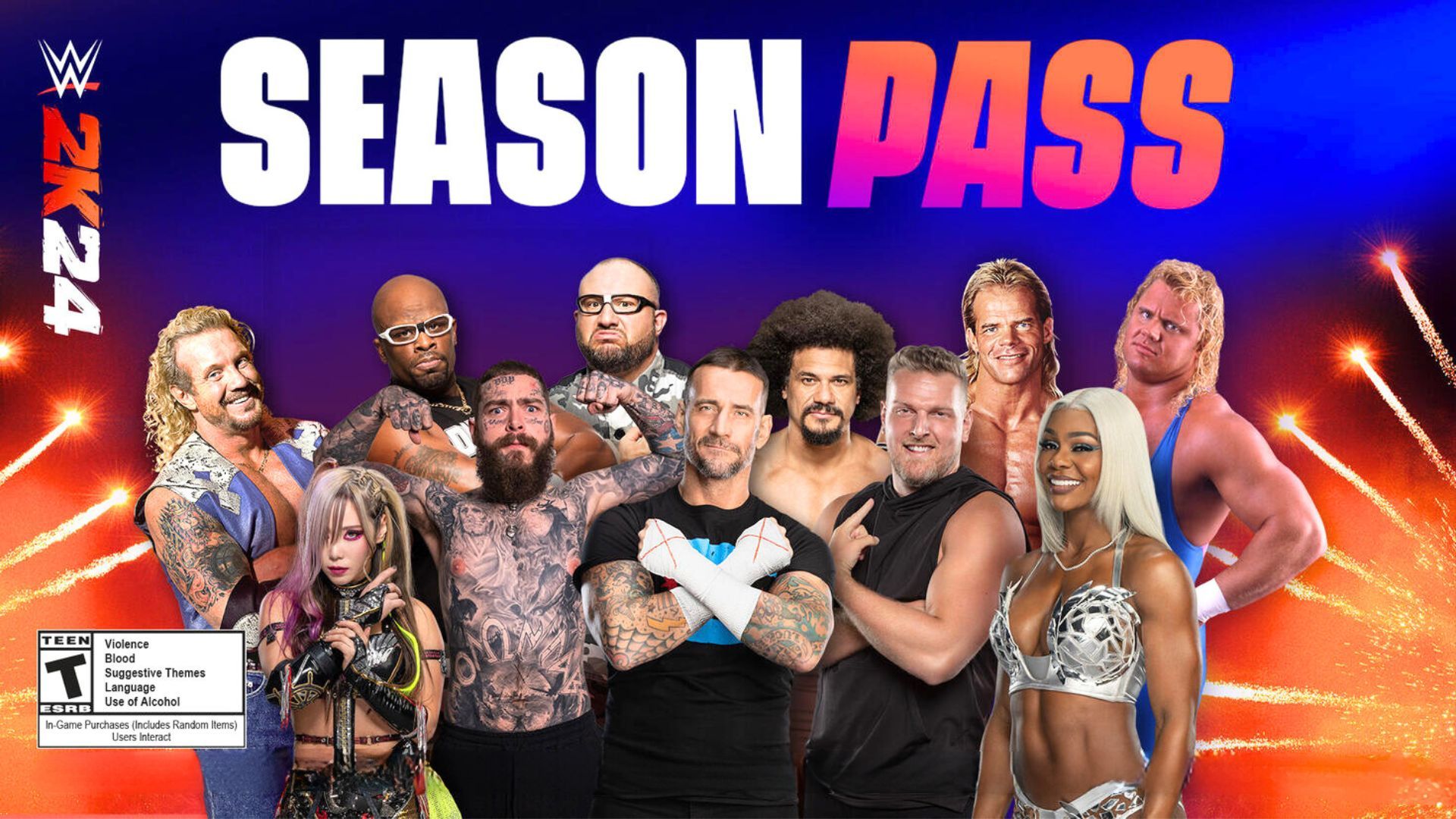 Рекламное изображение Season Pass для WWE 2K24 с участием CM Punk и Джейд Каргилл.